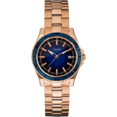 Roségold Stahl Uhr Blaues Zifferblatt - Guess - Modalova