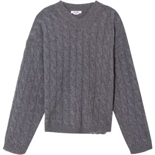 Kaschmir Kabel V-Ausschnitt Pullover Grau - Re/Done - Modalova