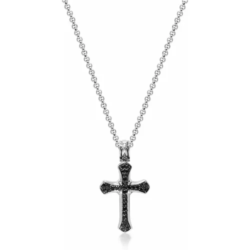 Mens Silver Necklace with Black CZ Cross , male, Sizes: L - Nialaya - Modalova