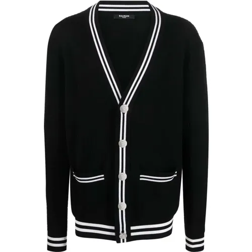 Cardigans, male, , Size: S Contrasting-trim V-neck Cardigan - Balmain - Modalova