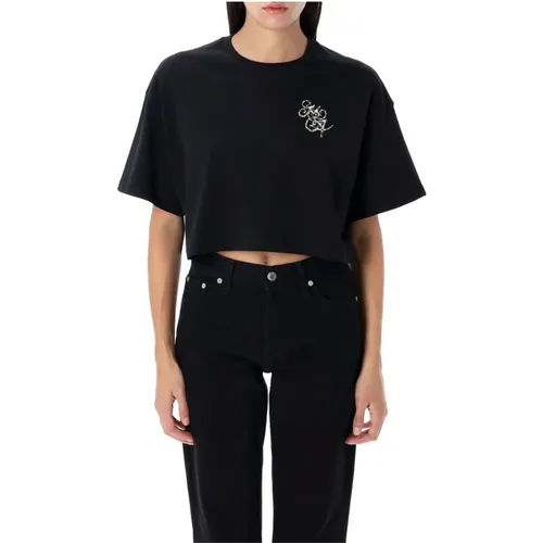 Schwarzes Cropped T-Shirt mit Besticktem Logo , Damen, Größe: S - Amiri - Modalova