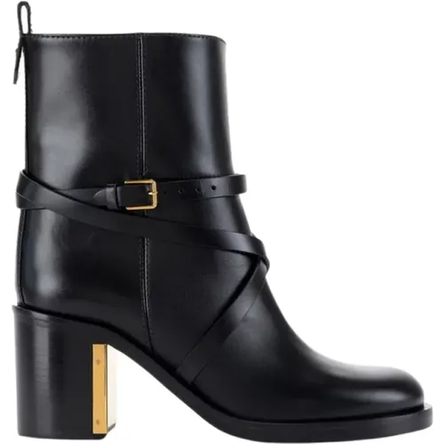 Heeled Boots, female, , Size: 10 US Leather Low-cut Boots with Straps - Elisabetta Franchi - Modalova