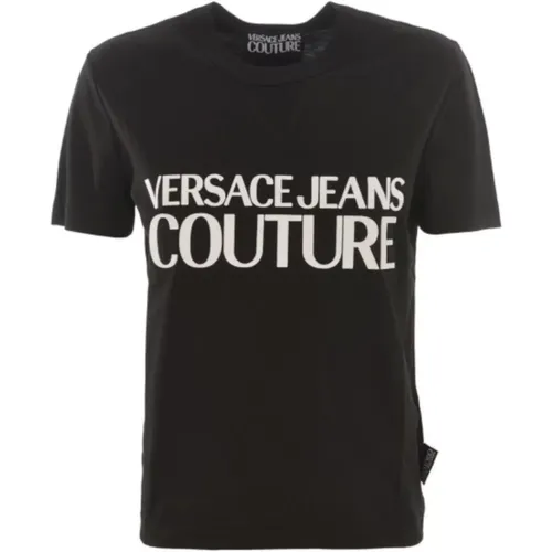Schwarzes Damen-T-Shirt mit kurzem Ärmel und erhabenem weißem Logo - Versace Jeans Couture - Modalova