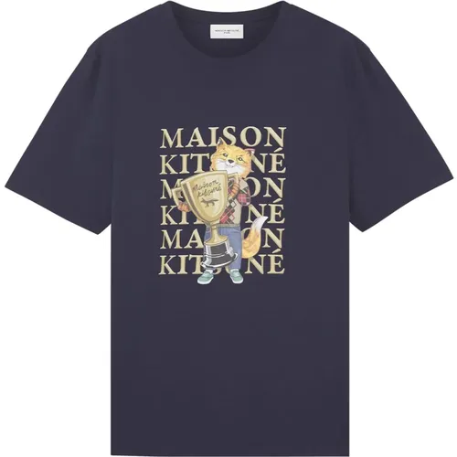 Blaues Logo T-Shirt, Rundhals, Kurzarm , Herren, Größe: S - Maison Kitsuné - Modalova