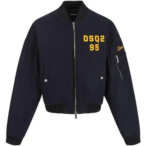 Bomber Jackets, male, , Size: L Monogram Wool Bomber Jacket with Ribbed Collar - Dsquared2 - Modalova