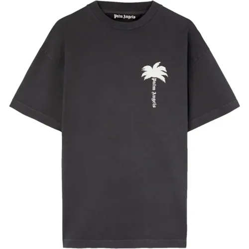 Graues Crew-Neck T-Shirt mit Frontprint - Palm Angels - Modalova