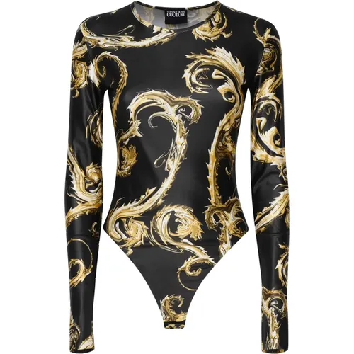 Barockdruck Schwarzes Top mit Gold , Damen, Größe: M - Versace Jeans Couture - Modalova