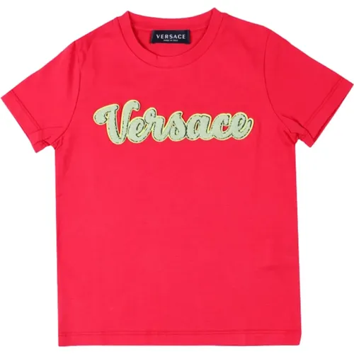 Rotes Kinder-T-Shirt mit strukturiertem Logo-Print - Versace - Modalova