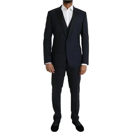 Single Breasted Suits, male, , Size: L Dark Wool 3 Piece Suit - Dolce & Gabbana - Modalova