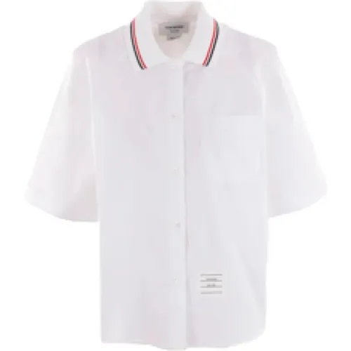 Weißes Baumwoll-Popeline-Hemd mit Polokragen und gestreiftem Detail - Thom Browne - Modalova