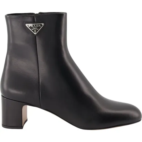 Leather ankle boots with metal logo , female, Sizes: 2 UK, 5 1/2 UK - Prada - Modalova