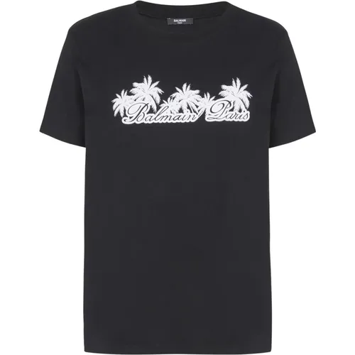 T-Shirts, male, , Size: S T-shirt with palm tree Signature print - Balmain - Modalova