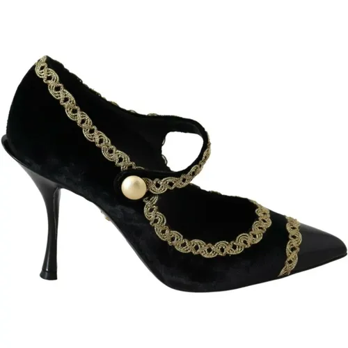Embellished Velvet Mary Jane Pumps , female, Sizes: 2 UK - Dolce & Gabbana - Modalova