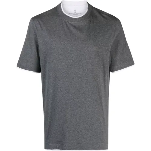 Graues Baumwoll-T-Shirt mit weißem Besatz , Herren, Größe: XL - BRUNELLO CUCINELLI - Modalova