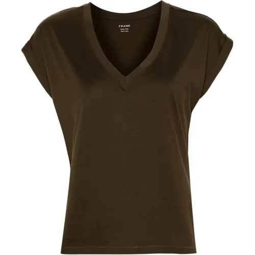 Khaki V-Ausschnitt T-Shirt , Damen, Größe: S - Frame - Modalova