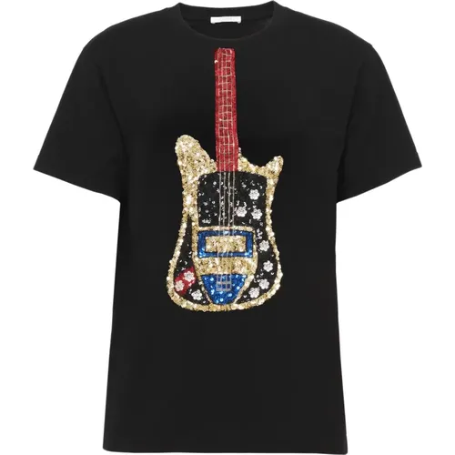 T-Shirts, female, , Size: S Embroidered Sequin Guitar T-shirt - Chloé - Modalova