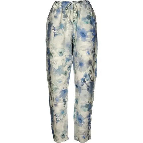 Blue Flowers Linen Pants , female, Sizes: M, S, XS - Deha - Modalova