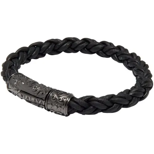 Men's Braided Leather Bracelet with Rhodium Lock - Nialaya - Modalova
