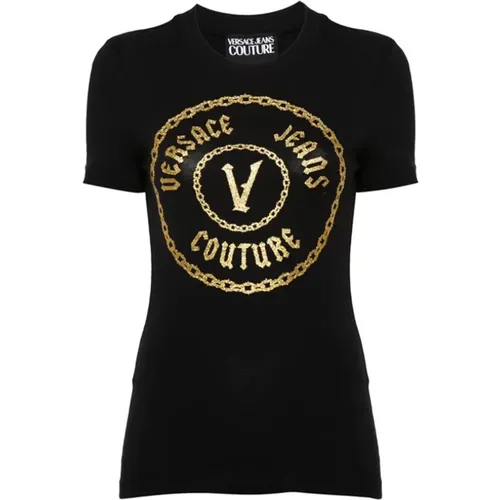 Glitter Logo Print T-shirt , female, Sizes: S - Versace Jeans Couture - Modalova