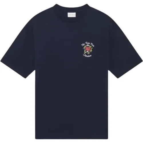 Slogan Blumen T-Shirt Navy , Herren, Größe: M - Drole de Monsieur - Modalova