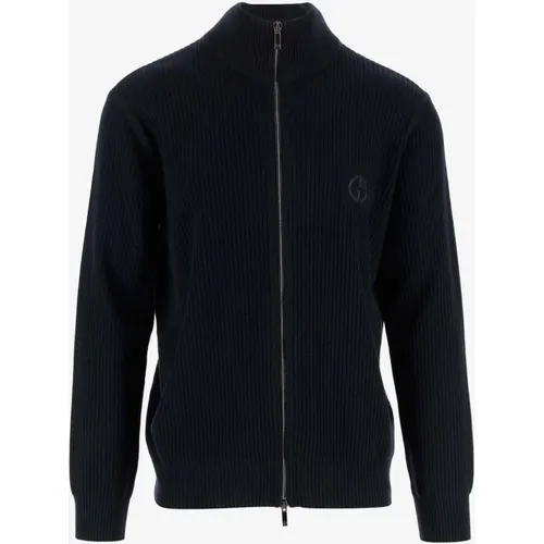 Zip-throughs, male, , Size: 2XL Navy Virgin Wool Cardigan with High Collar - Giorgio Armani - Modalova