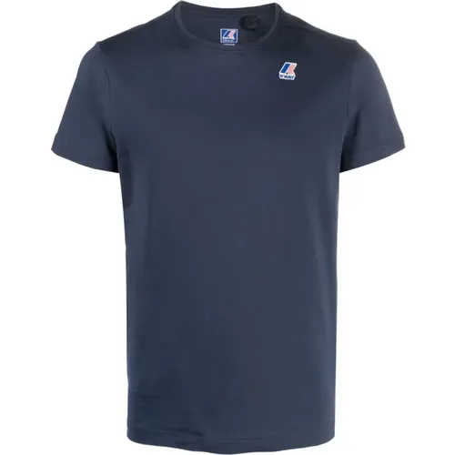 Blaue Tiefe T-Shirts,Polo Shirt Kollektion,Baumwoll-Crew-Neck T-Shirt Gerippter Kragen,Baumwoll-Rundhals-T-Shirt,Baumwoll-T-Shirt mit Logodruck,Weiße - K-way - Modalova