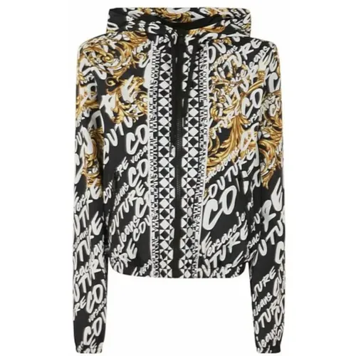 Zip-throughs, female, , Size: S Nylon Hooded Jacket with All Over Logo Print - Size 42 - Versace Jeans Couture - Modalova