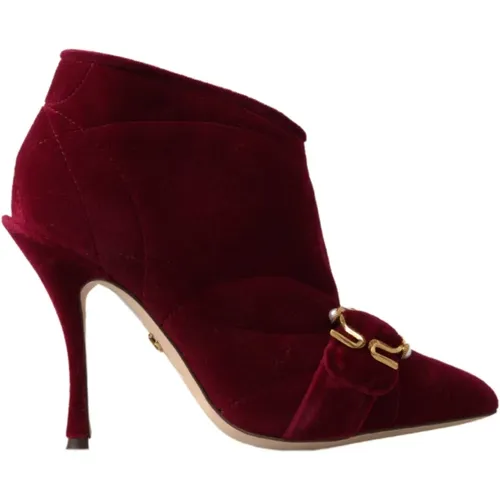 Burgundy Velvet Ankle Boots with Side Zipper , female, Sizes: 4 UK - Dolce & Gabbana - Modalova