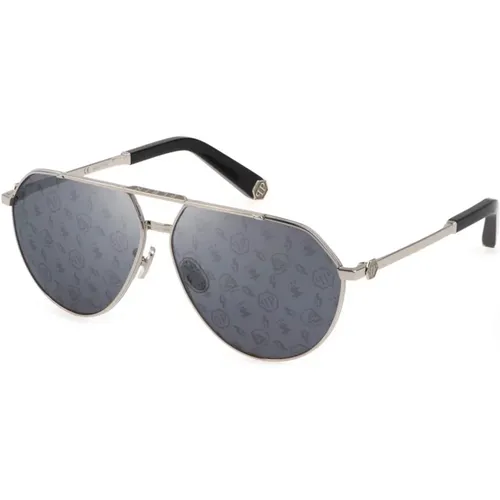 Sunglasses, unisex, , Size: 64 MM Skull Sunglasses Palladium/Grey Silver Logo - Philipp Plein - Modalova