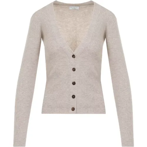 Luxurious V-Neck Cardigan Nude Neutrals , female, Sizes: S, M - BRUNELLO CUCINELLI - Modalova