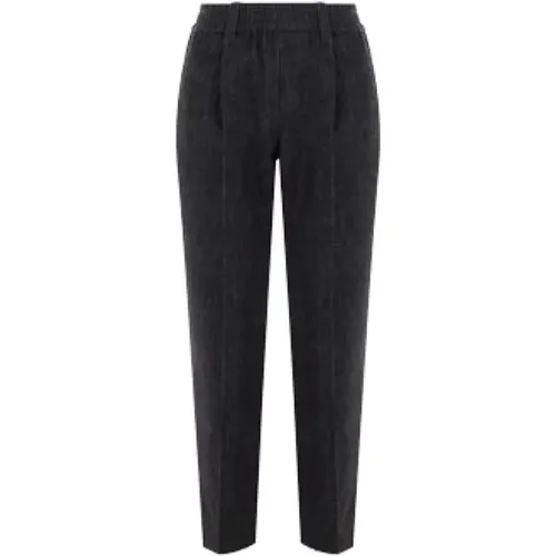 Cropped Baggy-Fit Chambray Trousers with Monile Details , female, Sizes: XS, M, S - BRUNELLO CUCINELLI - Modalova