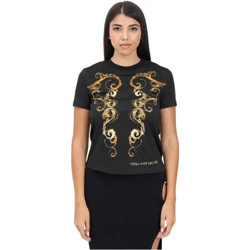 Barocco Print Kurzarm T-shirt , Damen, Größe: S - Versace Jeans Couture - Modalova