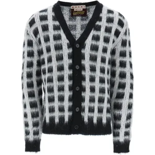 Cardigans, male, , Size: M Brushed Yarn Cardigan With Check Pattern - Marni - Modalova