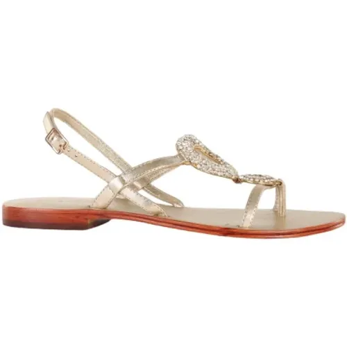 Glitzernde Strass Leder Flache Sandalen , Damen, Größe: 36 EU - Emanuelle Vee - Modalova