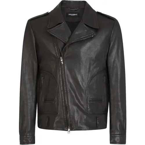 Leather Biker Jacket , male, Sizes: M - Dolce & Gabbana - Modalova