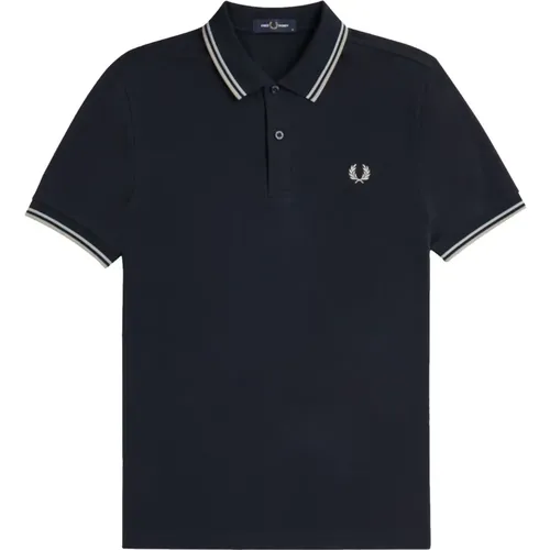 Polo mit Doppellinien in Marine/Silber/Grau , Herren, Größe: S - Fred Perry - Modalova