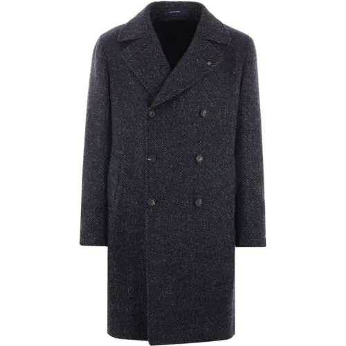 Double-Breasted Coats, male, , Size: M Wool Blend Herringbone Coat - Tagliatore - Modalova