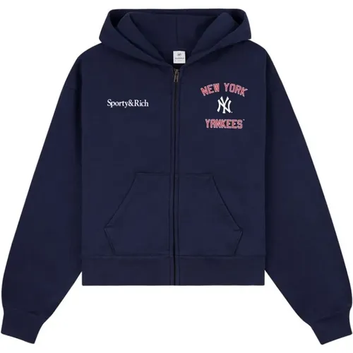 Zip-throughs, female, , Size: S Navy Hooded Zip Sweatshirt - Sporty & Rich - Modalova