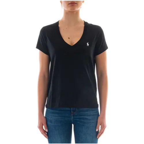 Schwarzes V-Ausschnitt Baumwoll T-Shirt , Damen, Größe: M - Ralph Lauren - Modalova
