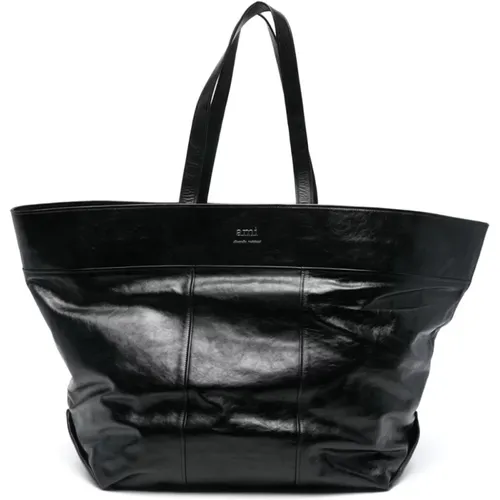 Genarbte Leder Tote Tasche Schwarz - Ami Paris - Modalova