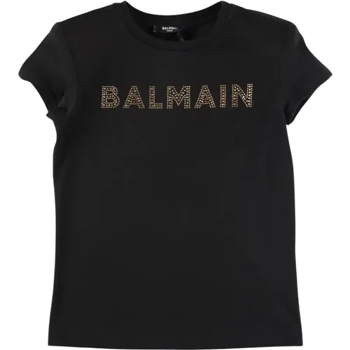 Schwarzes Baumwoll-Jersey T-Shirt mit Kristall-Logo - Balmain - Modalova