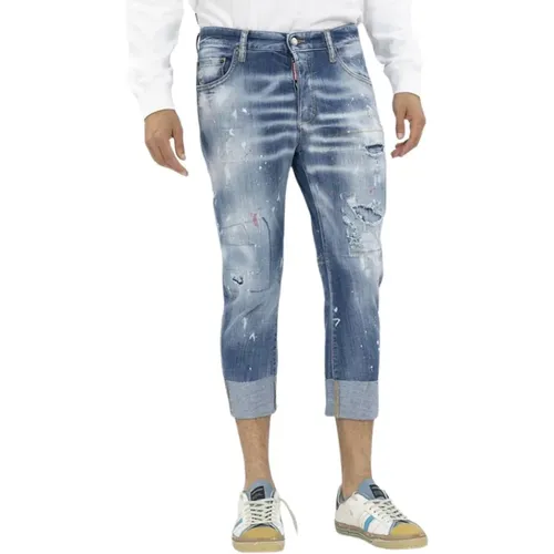 Cropped Jeans, male, , Size: L Distressed Sailor Monogram Cropped Jeans - Dsquared2 - Modalova