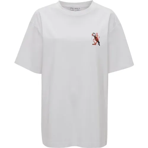 Besticktes Motiv Baumwoll T-Shirt Weiß , Herren, Größe: M - JW Anderson - Modalova