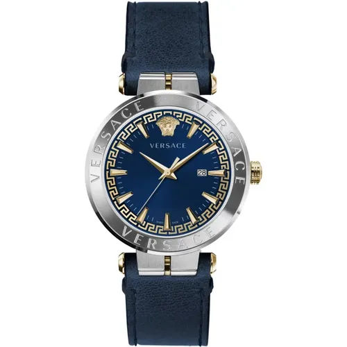 Aion Leather Strap Blue Dial Watch , male, Sizes: ONE SIZE - Versace - Modalova
