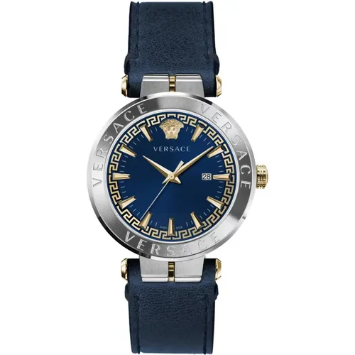 Watches, male, , Size: ONE SIZE Aion Leather Strap Blue Dial Watch - Versace - Modalova