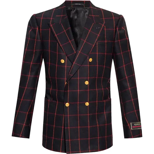 Blazers, male, , Size: M Wool Flannel Blazer Embroidered Logo Patch - Gucci - Modalova