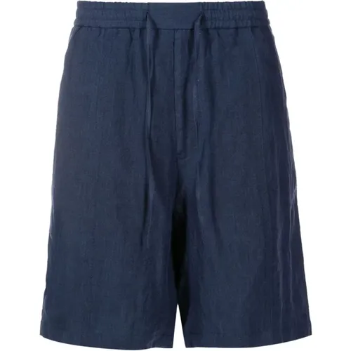 Blaue Leinen-Bermuda-Shorts mit Kordelzug - Emporio Armani - Modalova