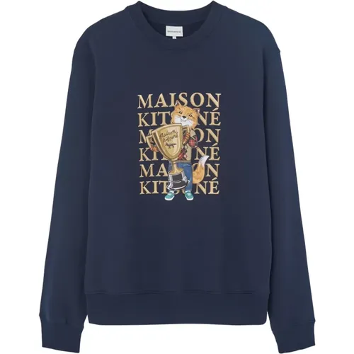 Navy Printed Sweaters , male, Sizes: M - Maison Kitsuné - Modalova