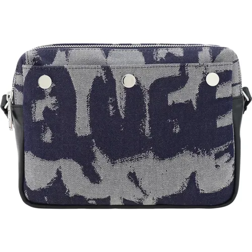 Cross Body Bags, male, , Size: ONE SIZE Indigo Denim Shoulder Bag with Graffiti Pattern - alexander mcqueen - Modalova