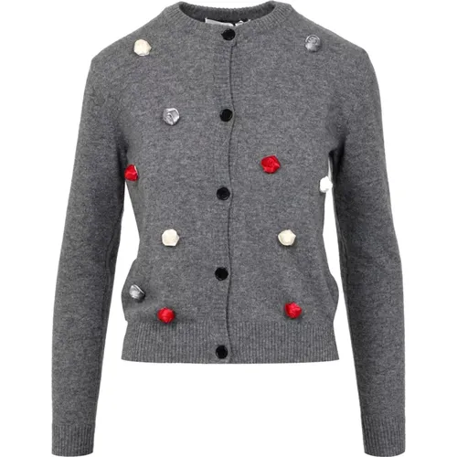 Cardigans, female, , Size: L Grey Wool Sweater with Rosettes - Msgm - Modalova
